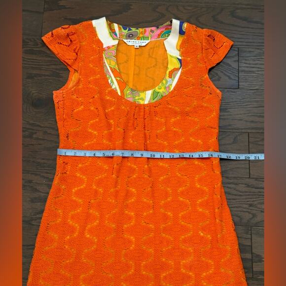 Trina Turk Orange Crochet With Silk Detail Neckline Pleated Shift Dress Size 6 - Picture 8 of 10